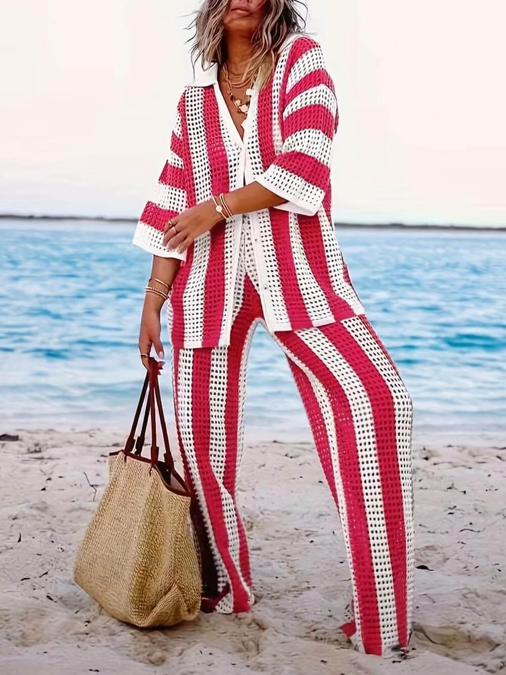 Ensemble de Chemise Rayée à Col V Détaché et Pantalon Large