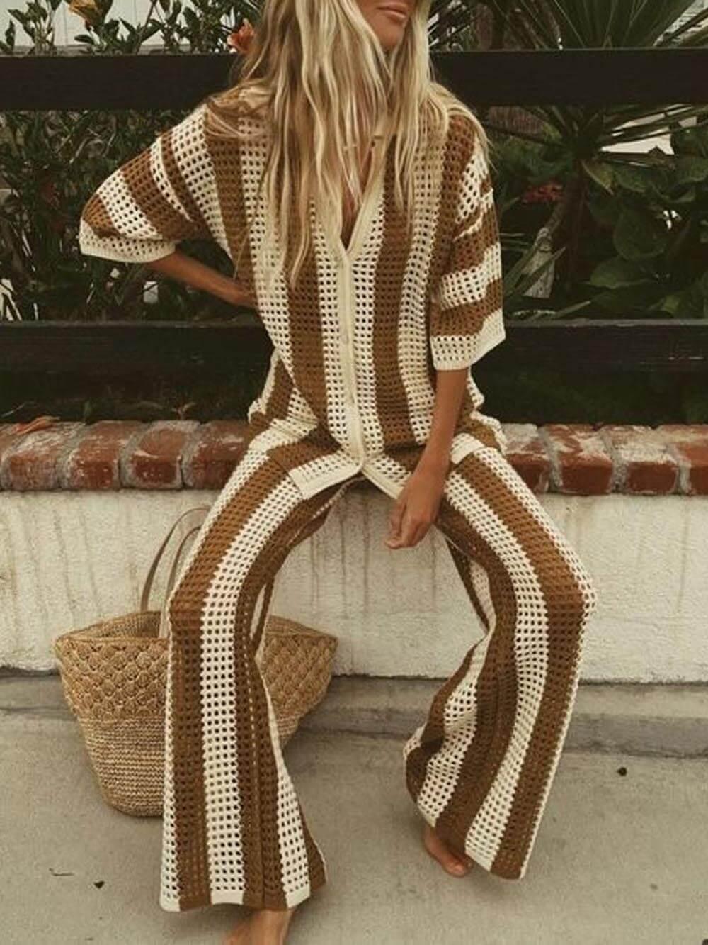 Ensemble de Chemise Rayée à Col V Détaché et Pantalon Large