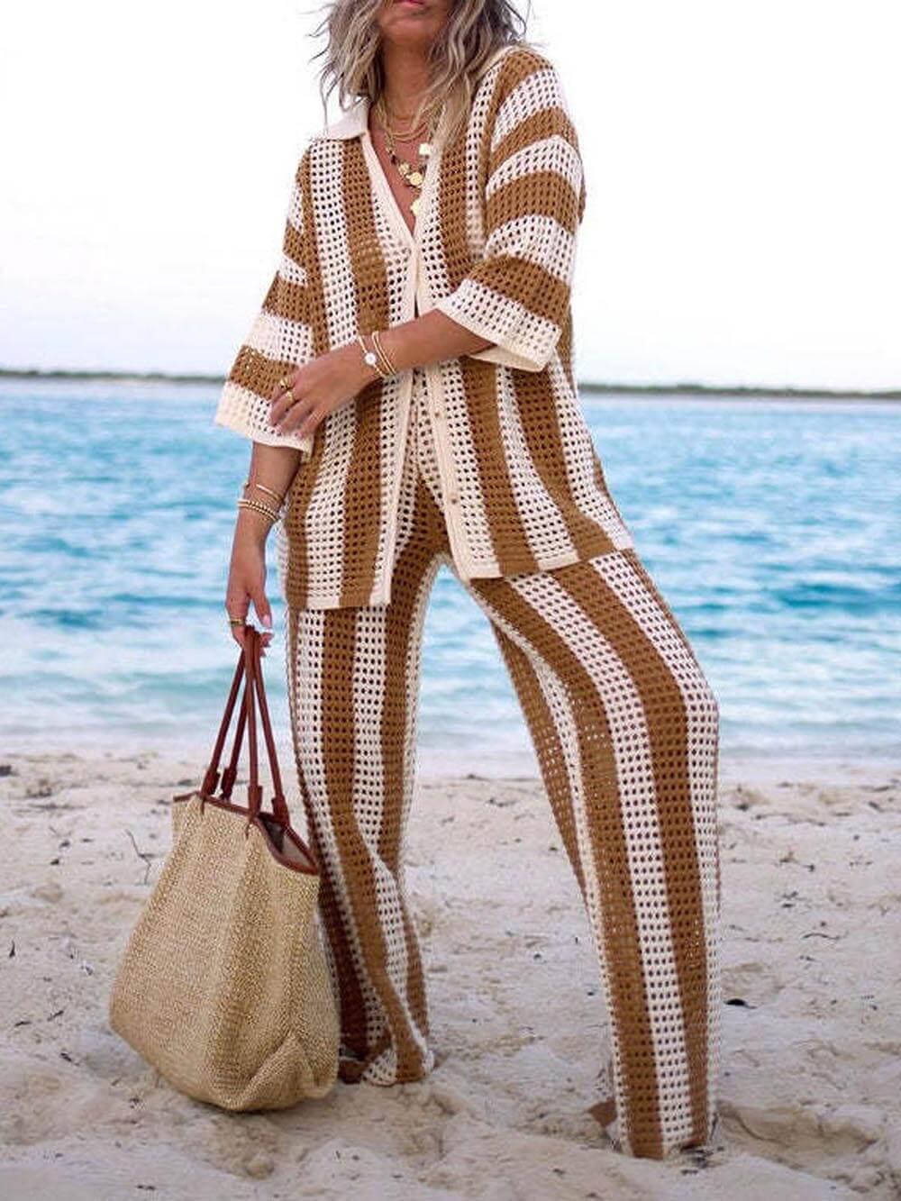 Ensemble de Chemise Rayée à Col V Détaché et Pantalon Large