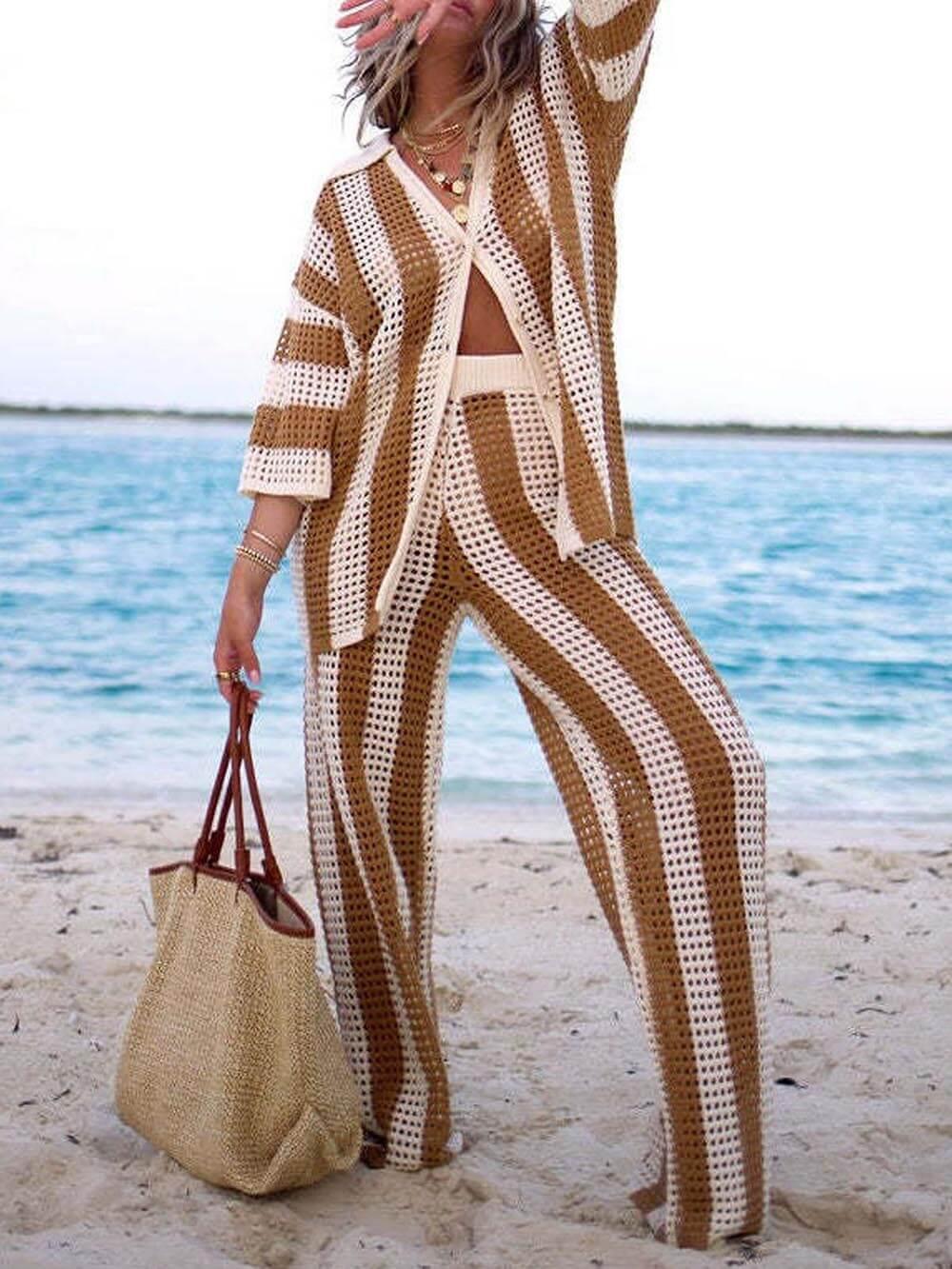 Ensemble de Chemise Rayée à Col V Détaché et Pantalon Large