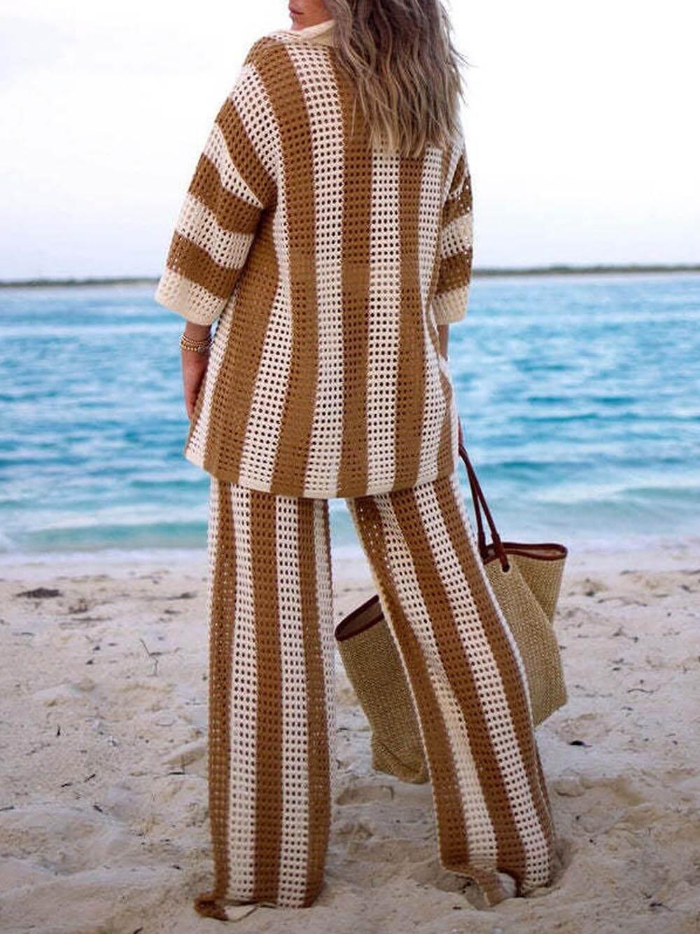 Ensemble de Chemise Rayée à Col V Détaché et Pantalon Large