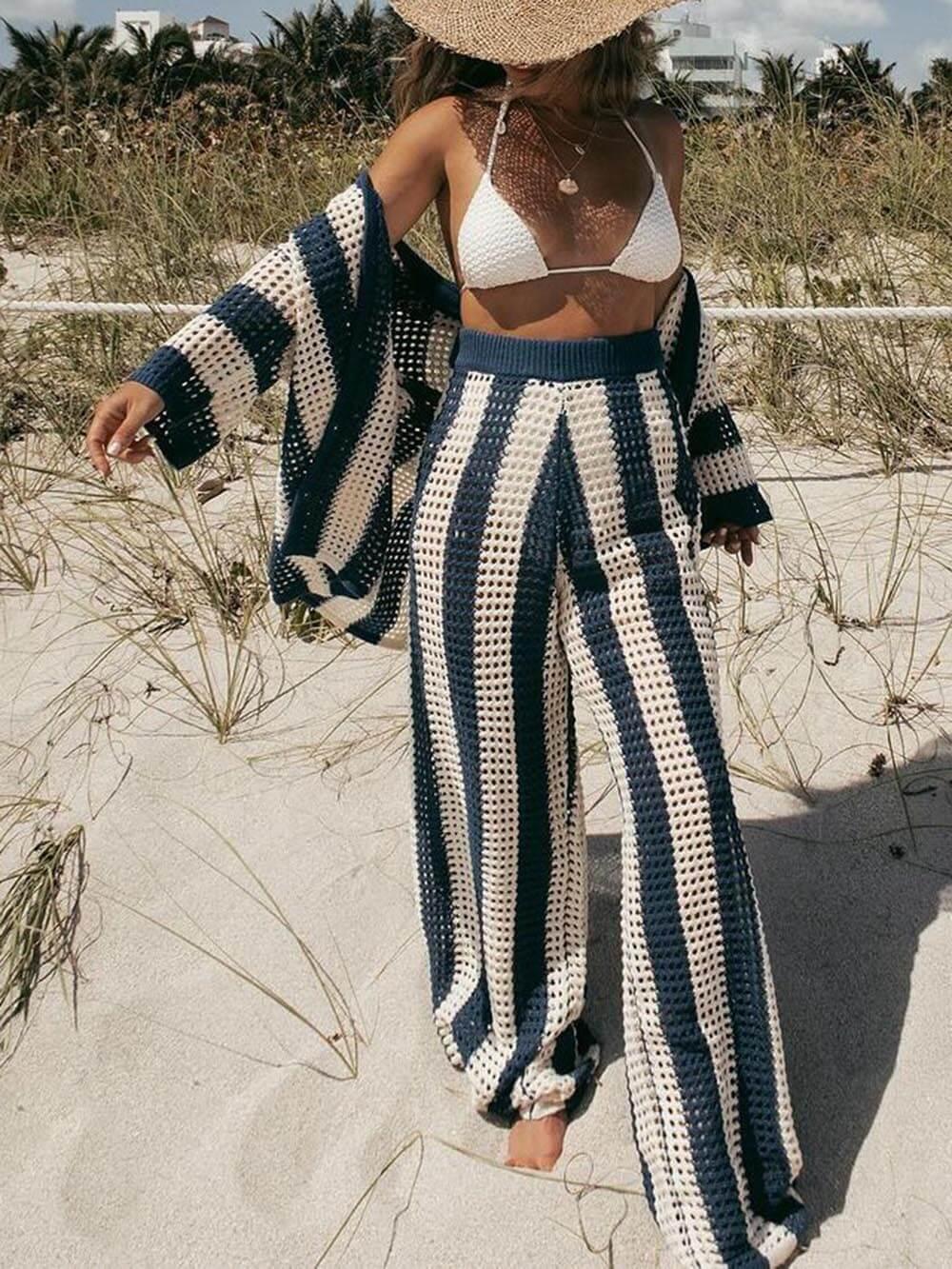 Ensemble de Chemise Rayée à Col V Détaché et Pantalon Large