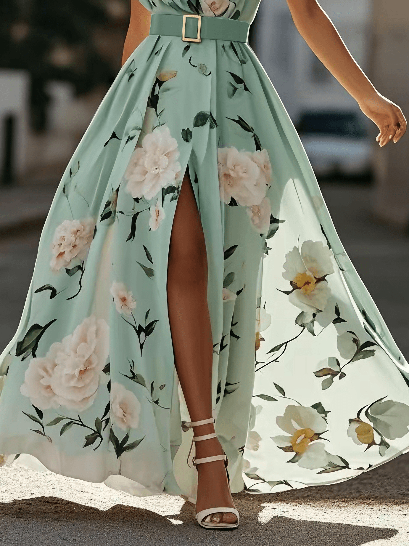 Robe Maxi Chiffon Verte Claire à Fleurs à Épaules D'un Seul Côté