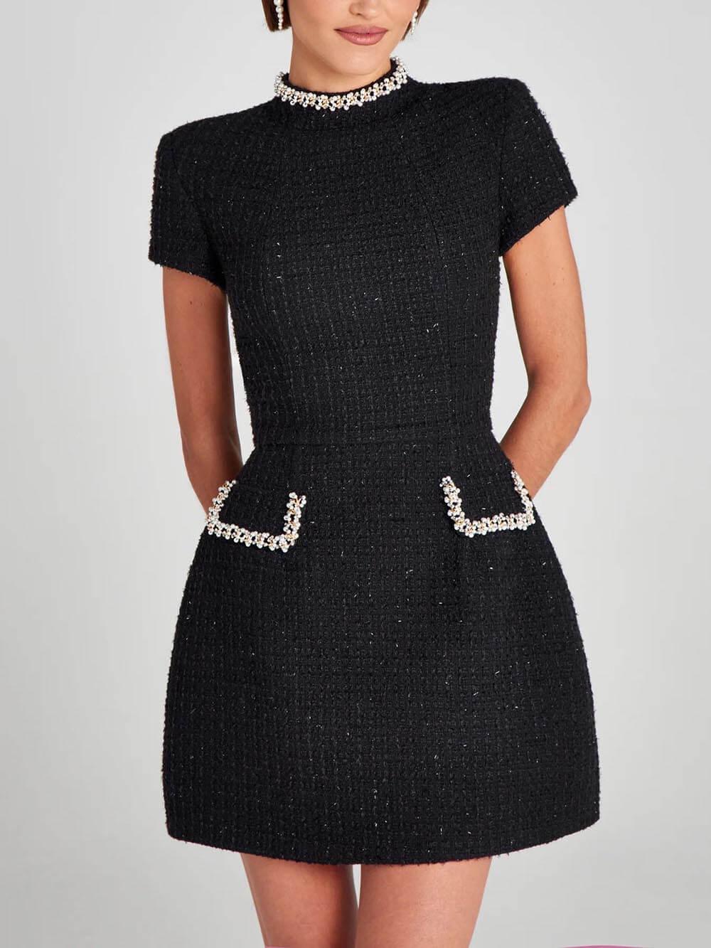 Robe Mini à Poche avec Bord en Perles, Exquise et Ludique