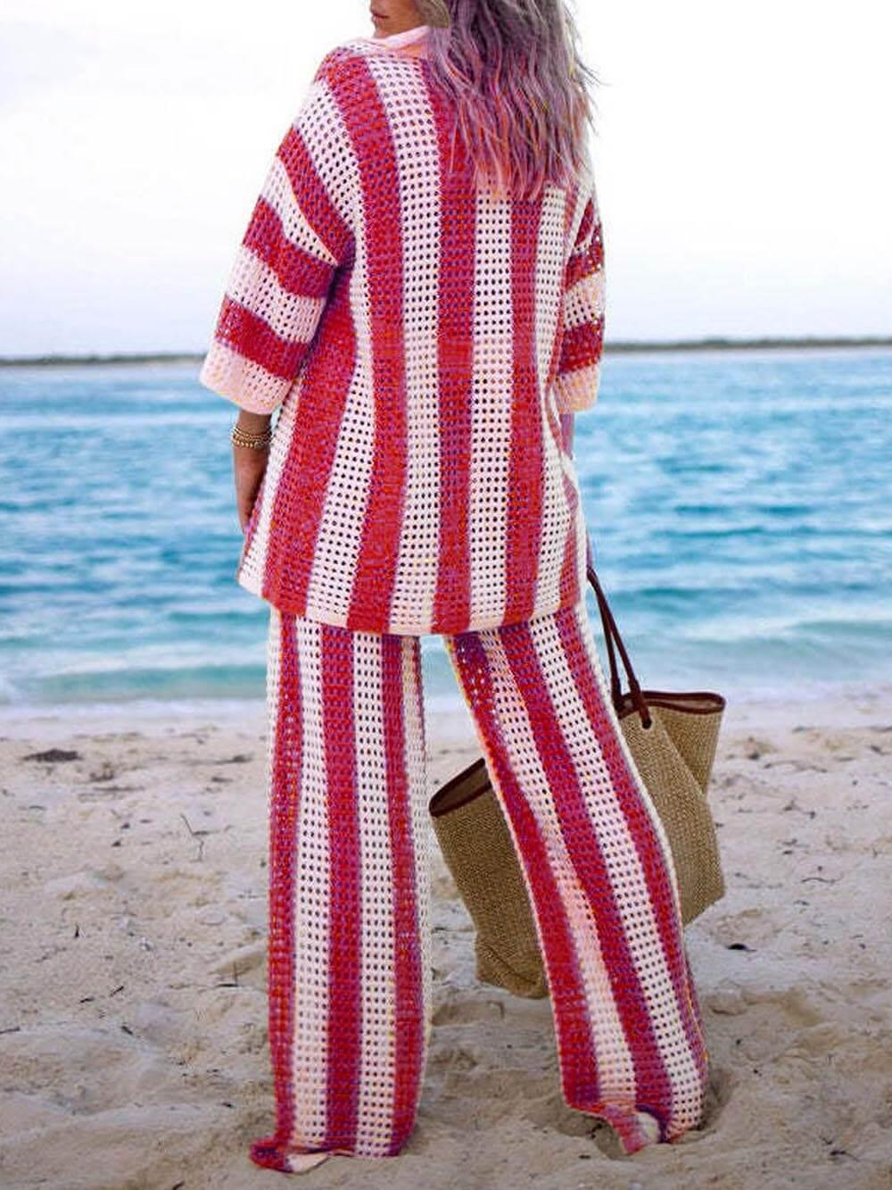 Ensemble de Chemise Rayée à Col V Détaché et Pantalon Large