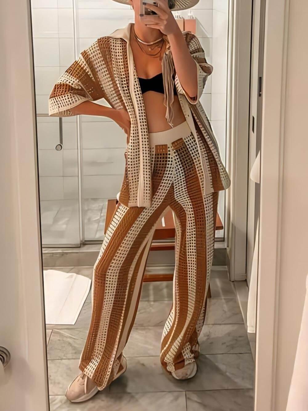 Ensemble de Chemise Rayée à Col V Détaché et Pantalon Large