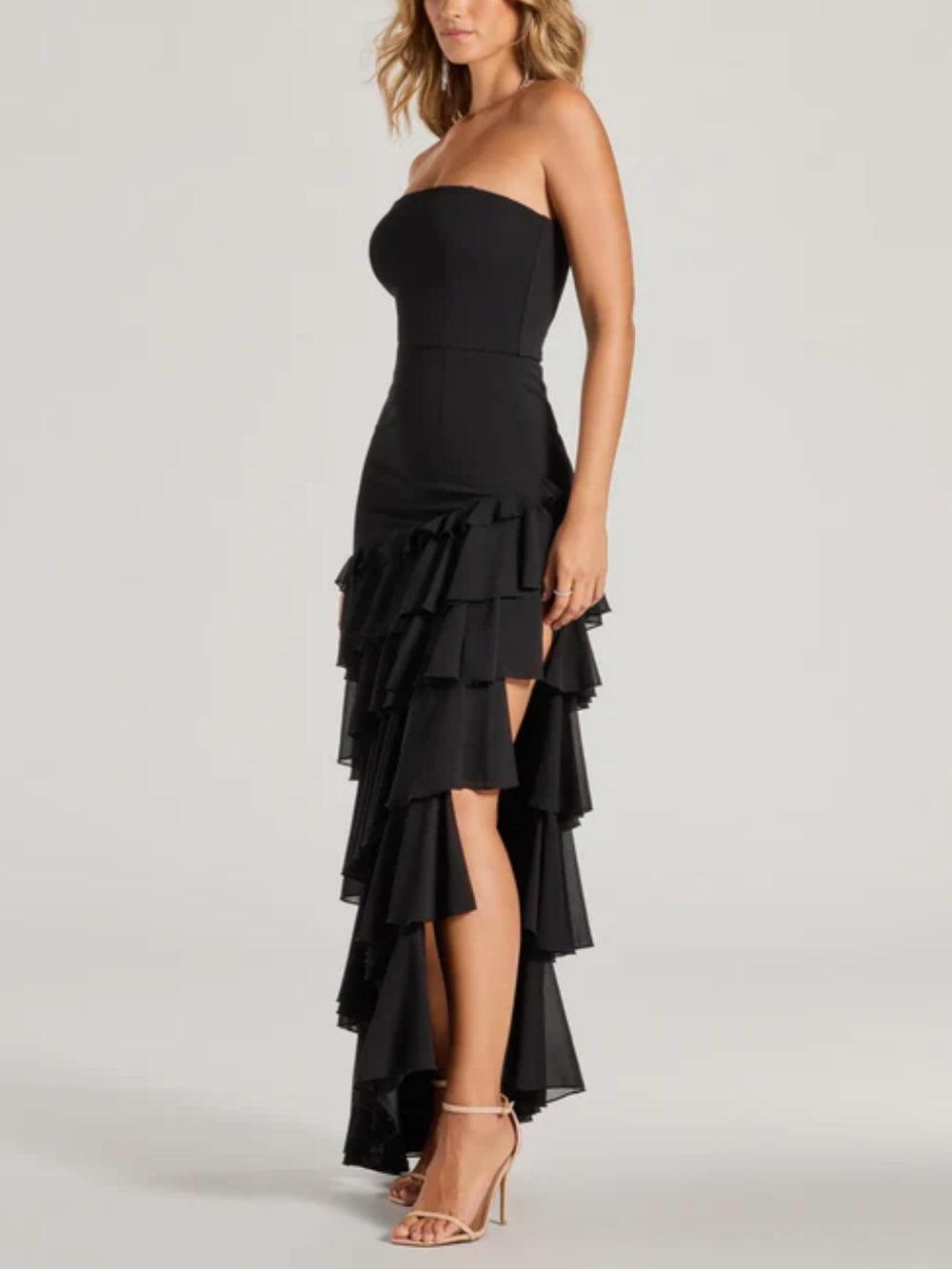 Robe de soirée formelle à volants en chiffon sans bretelles Shianna