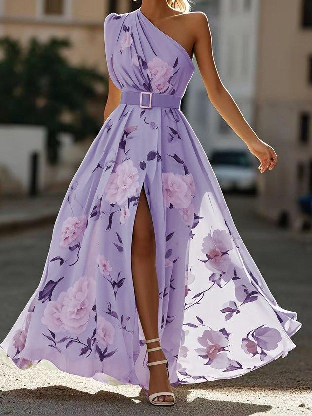 Robe Maxi Chiffon Verte Claire à Fleurs à Épaules D'un Seul Côté