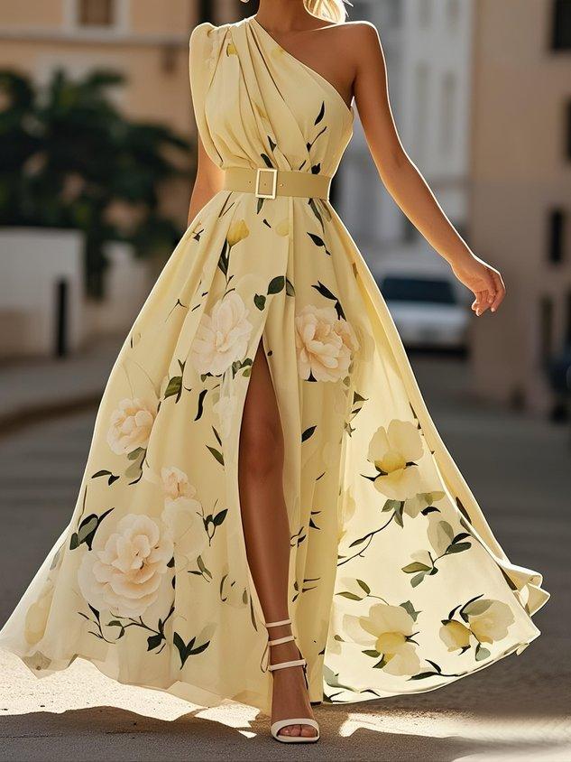 Robe Maxi Chiffon Verte Claire à Fleurs à Épaules D'un Seul Côté