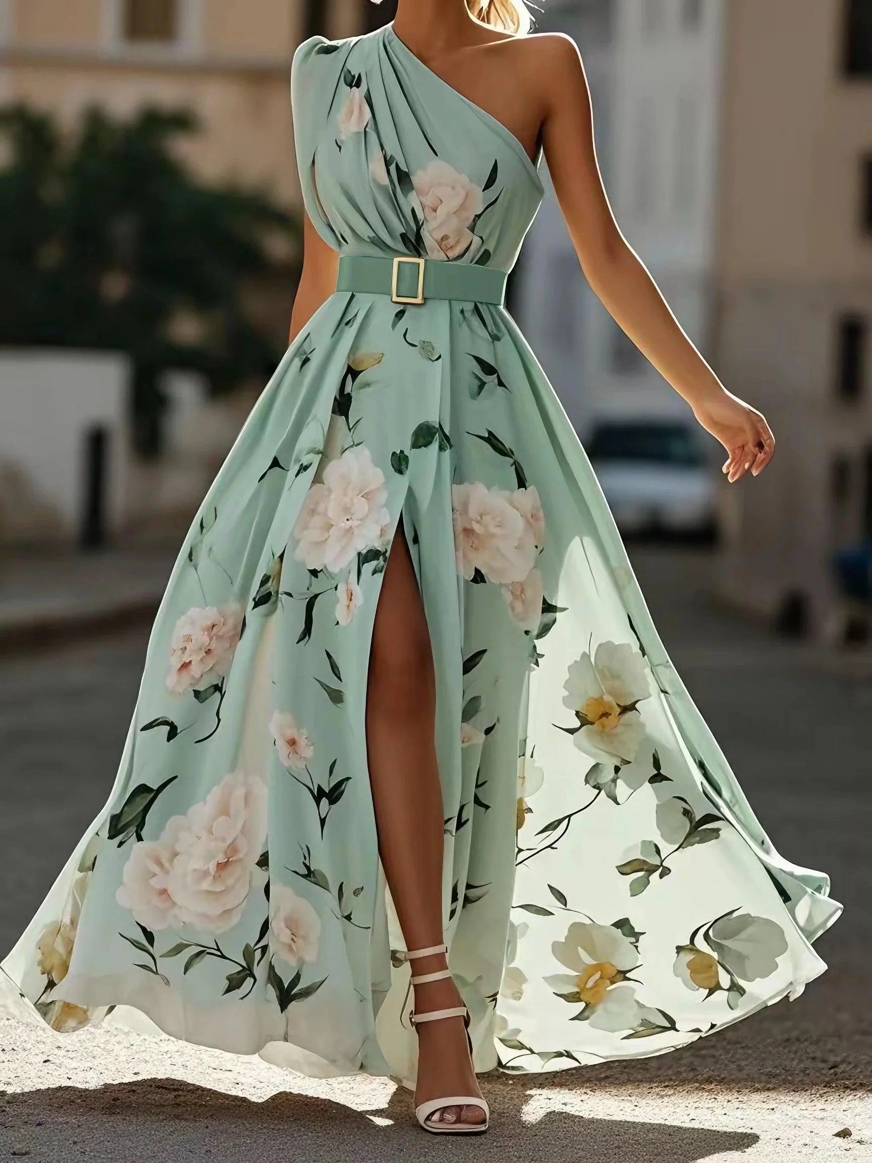 Robe Maxi Chiffon Verte Claire à Fleurs à Épaules D'un Seul Côté
