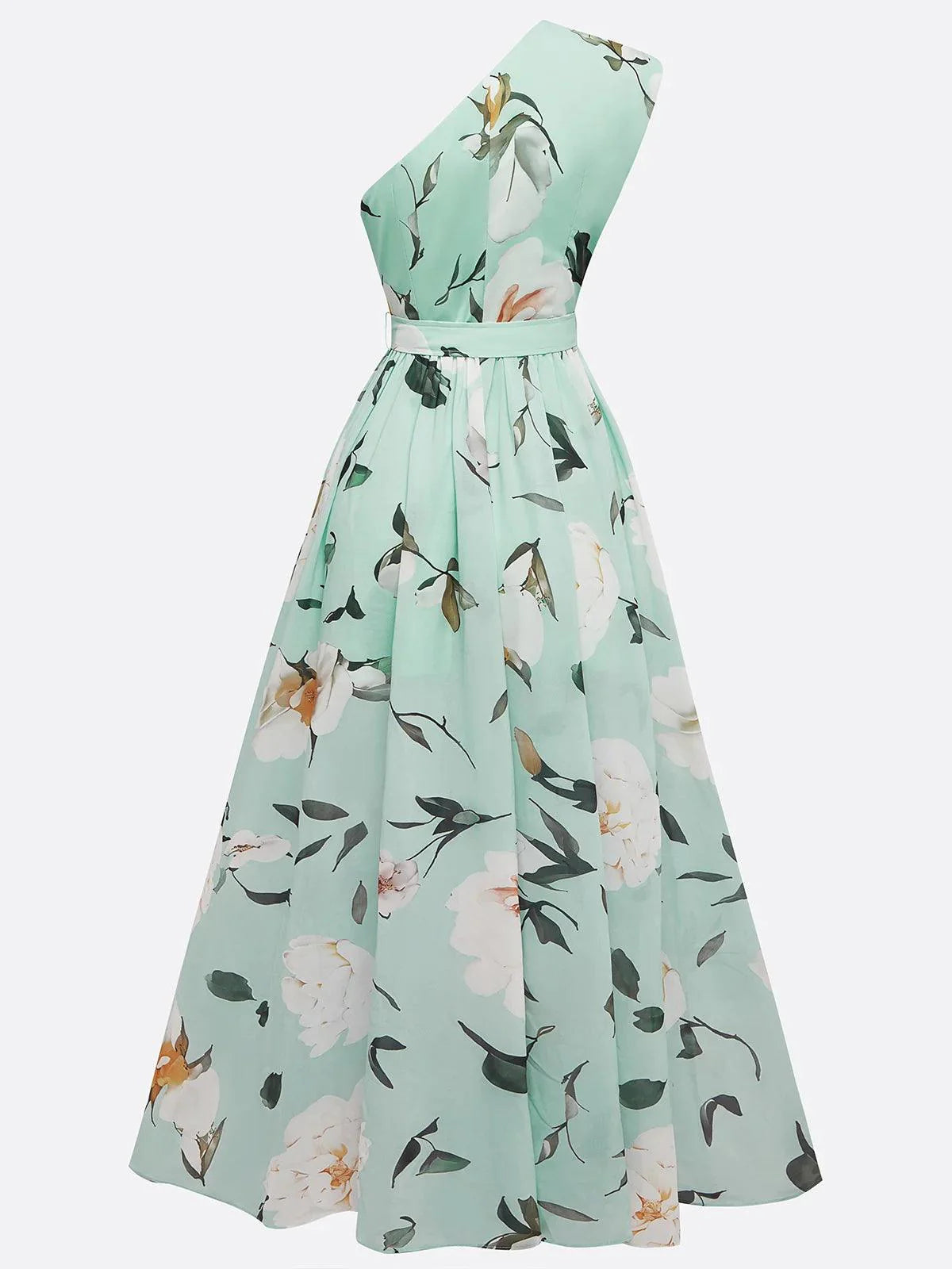 Robe Maxi Chiffon Verte Claire à Fleurs à Épaules D'un Seul Côté
