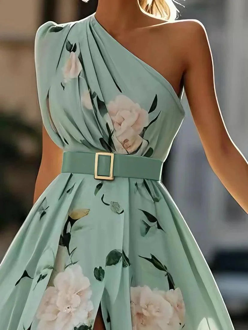 Robe Maxi Chiffon Verte Claire à Fleurs à Épaules D'un Seul Côté