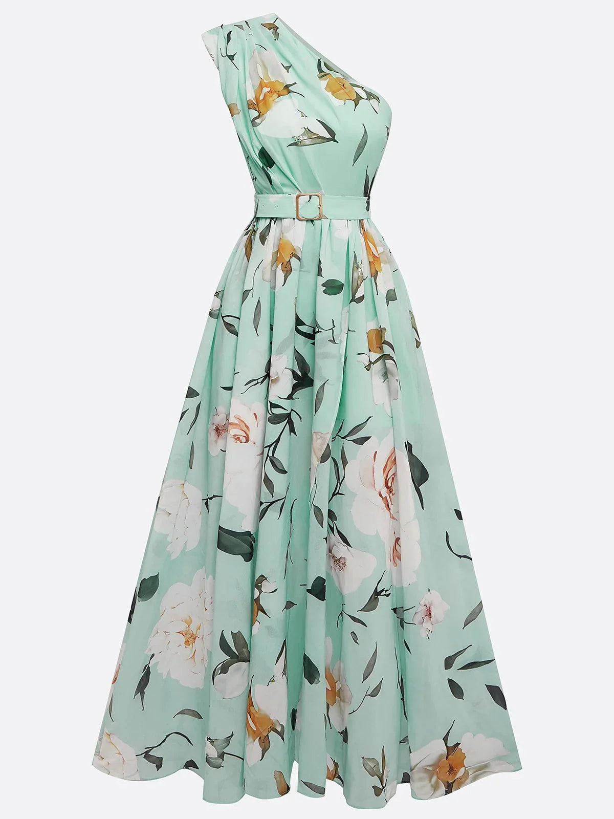 Robe Maxi Chiffon Verte Claire à Fleurs à Épaules D'un Seul Côté