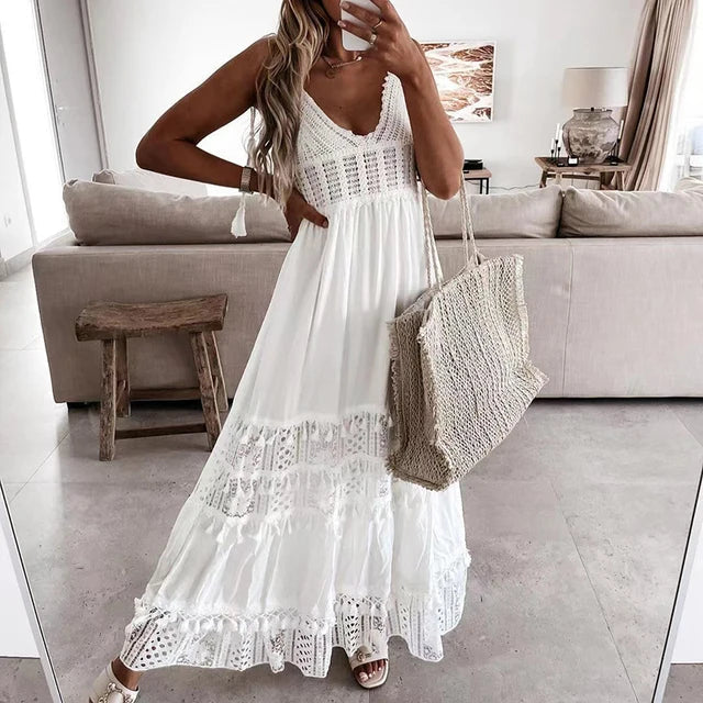 ZSOFIA | Robe en Dentelle Blanche Romantique avec Élégant Décolleté en V