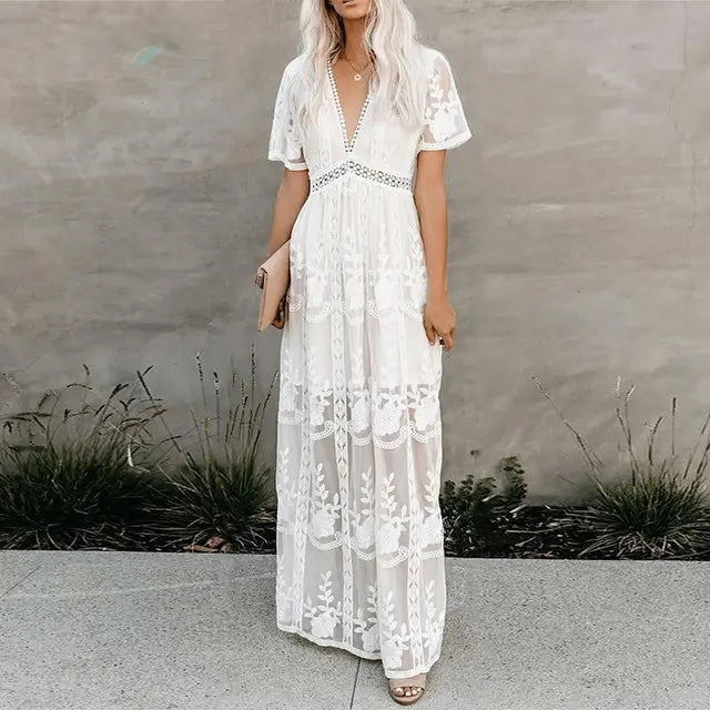 ZSOFIA | Robe en Dentelle Blanche Romantique avec Élégant Décolleté en V