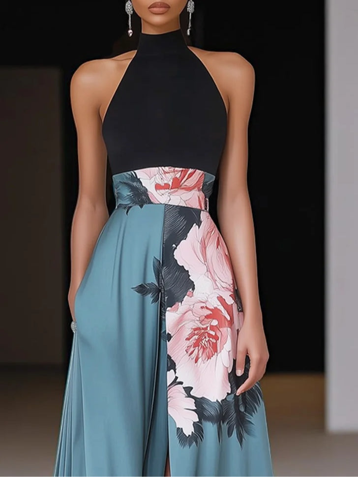 Robe Maxi A-Line Sans Manches à Encolure Ronde Fleurie Noire avec Fente