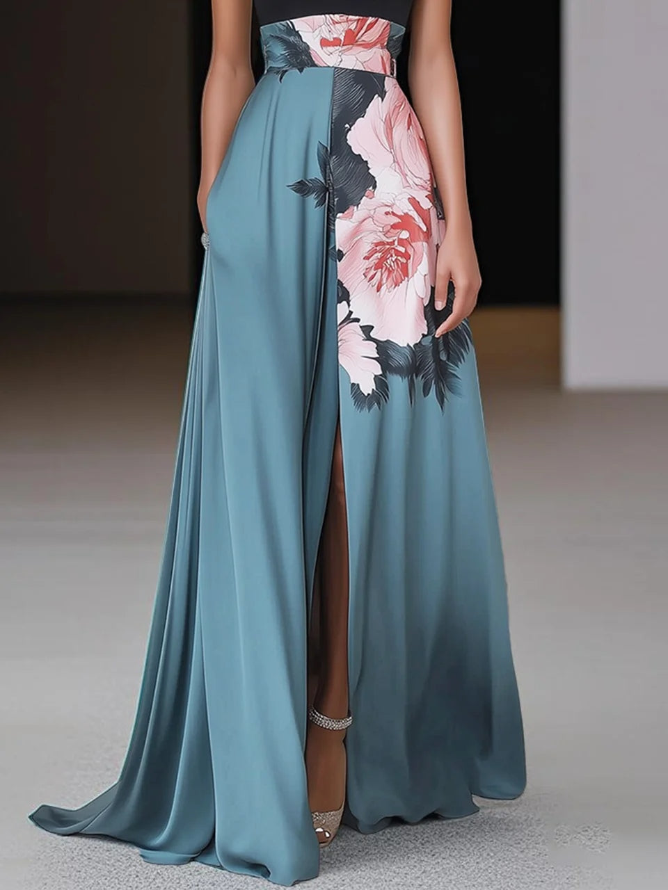 Robe Maxi A-Line Sans Manches à Encolure Ronde Fleurie Noire avec Fente