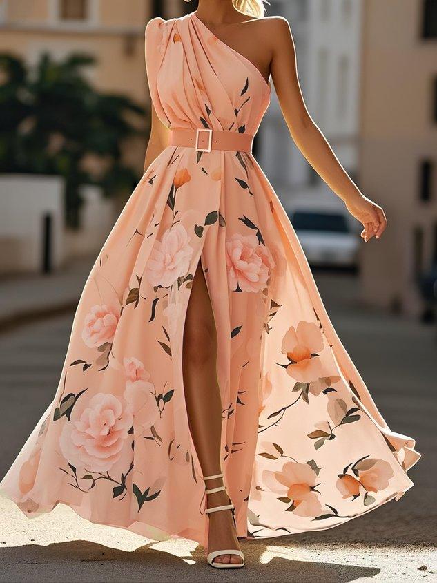 Robe Maxi Chiffon Verte Claire à Fleurs à Épaules D'un Seul Côté