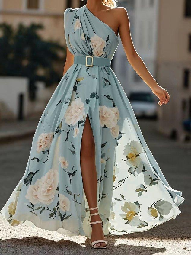 Robe Maxi Chiffon Verte Claire à Fleurs à Épaules D'un Seul Côté