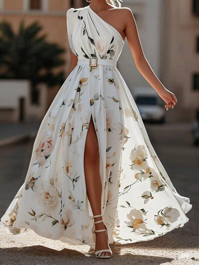 Robe Maxi Chiffon Verte Claire à Fleurs à Épaules D'un Seul Côté