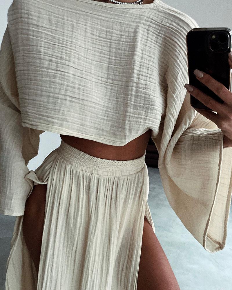Ensemble décontracté en coton et lin avec fente chic