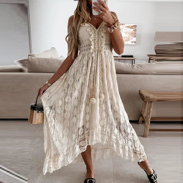 ZSOFIA | Robe en Dentelle Blanche Romantique avec Élégant Décolleté en V
