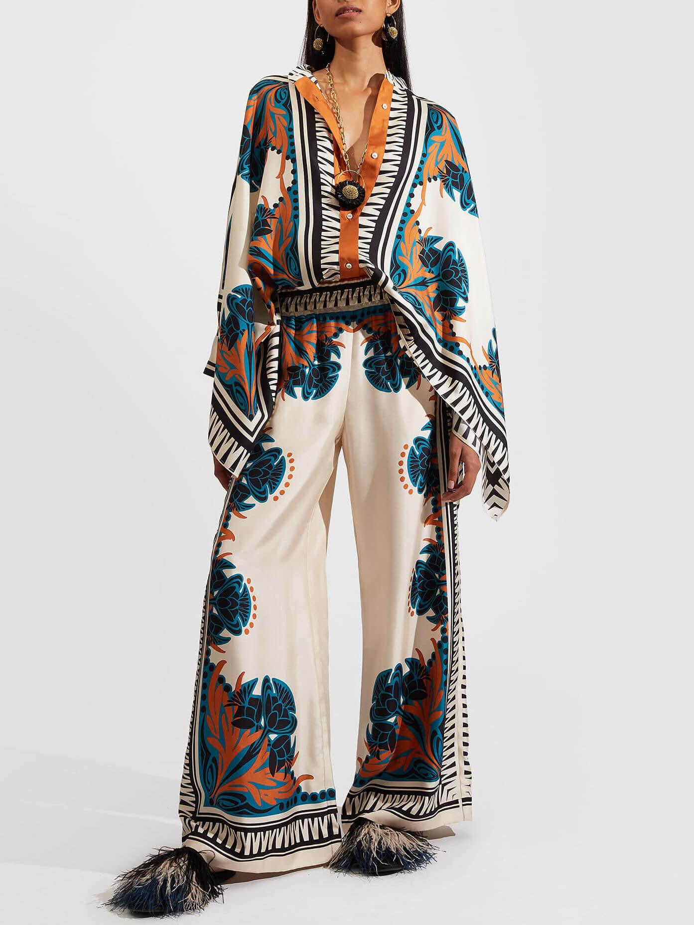 Chemise à Manches Chauve-Souris en Satin Fin Imprimé Floral + Ensemble Pantalon