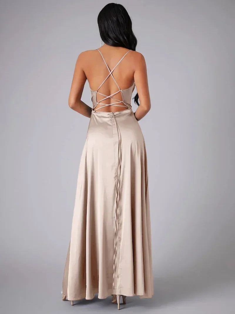 ALVAREE | Robe de Soirée en Satin avec Fente Haute et Dos Nu