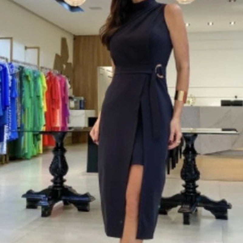 LOUISE - Robe mi-longue fendue sans manches